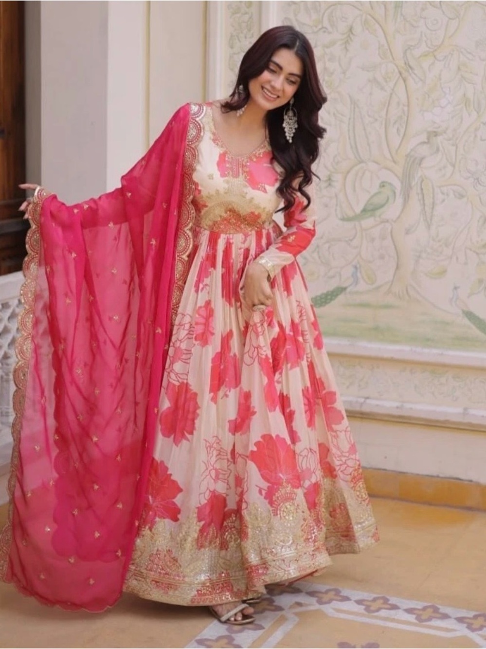 Indian Pink Floral Anarkali Gown with Dupatta | Embroidered Russian Silk Salwar